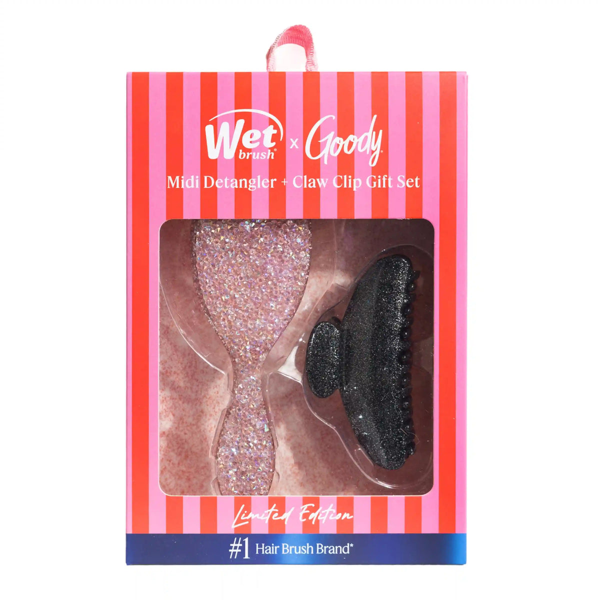 Wet Brush Pink Tie Affair Midi Detangler & Goody Claw Clip Gift Set - Light Pink & Sparkly Black